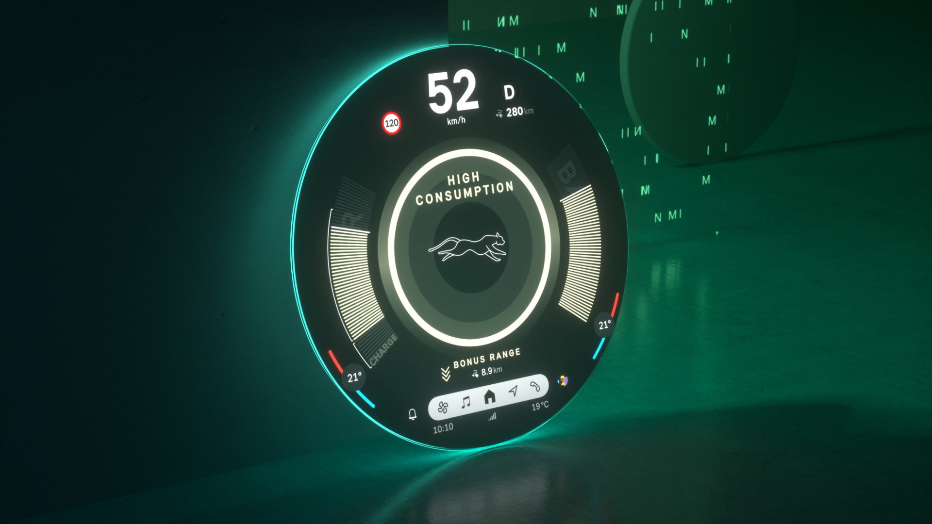 MINI okrugli zaslon koji prikazuje parametre Efficiency načina rada